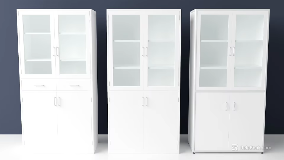 Three Modern White Storage Cabinets With Glass Doors And Multiple Shelves 3d model 