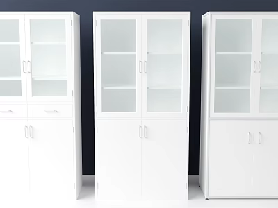 Three Modern White Storage Cabinets With Glass Doors And Multiple Shelves 3d model