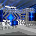 Modern Stage Platform Design With Blue Lighting Metal Frame LED Screens And Hexagons