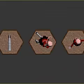 Pink Haired Character And Small Creature On Hexagonal Bases Red Coat Black Skirt Various Poses