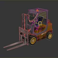 Yellow And Gray Forklift Truck With Front Forks Metal Cab And Blue Seat