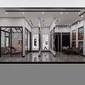 Elegant Modern Door Showroom Interior With Glass Displays Marble Floors And Lighting Fixtures
