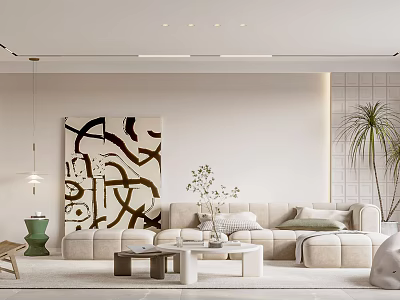 Modern Living Room Interior With Abstract Painting Beige Sofa Coffee Table And Green Plants 3d model