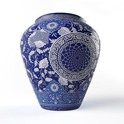 Traditional blue and white ceramic vase with decorative floral patterns and intricate designs 3d model
