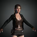 Woman Wearing Black Leather Jacket Brown Vest Black Shorts And Brown Boots With Arms Outstretched
