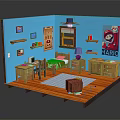 Cartoon Room Interior With Blue Walls Mario Poster Bed Desk And Wooden Floor