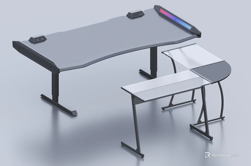 Modern Entertainment Desk With RGB Lighting Gray Surface And Attachable Side Tables 3d model 