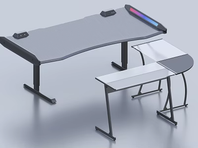 Modern Entertainment Desk With RGB Lighting Gray Surface And Attachable Side Tables 3d model