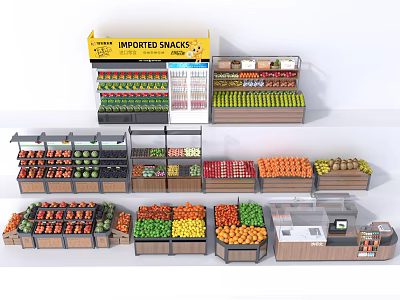 Fruit Store Featuring Various Fresh Fruits Organized Shelves And Imported Snacks Section 3d model