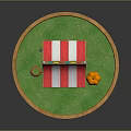 Cartoon Scene With Wooden Stall Red White Striped Awning Colorful Flags Pumpkin And Green Grass