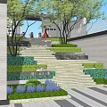 Outdoor Stone Stairs With Yellow LED Strip Lights And Lush Green Bushes