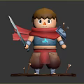 Cartoon Warrior Character With Orange Hair Red Scarf Blue Outfit And Sword On Wooden Platform
