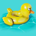 Yellow Inflatable Duck Swim Ring Floating With Grumpy Expression On Blue Water