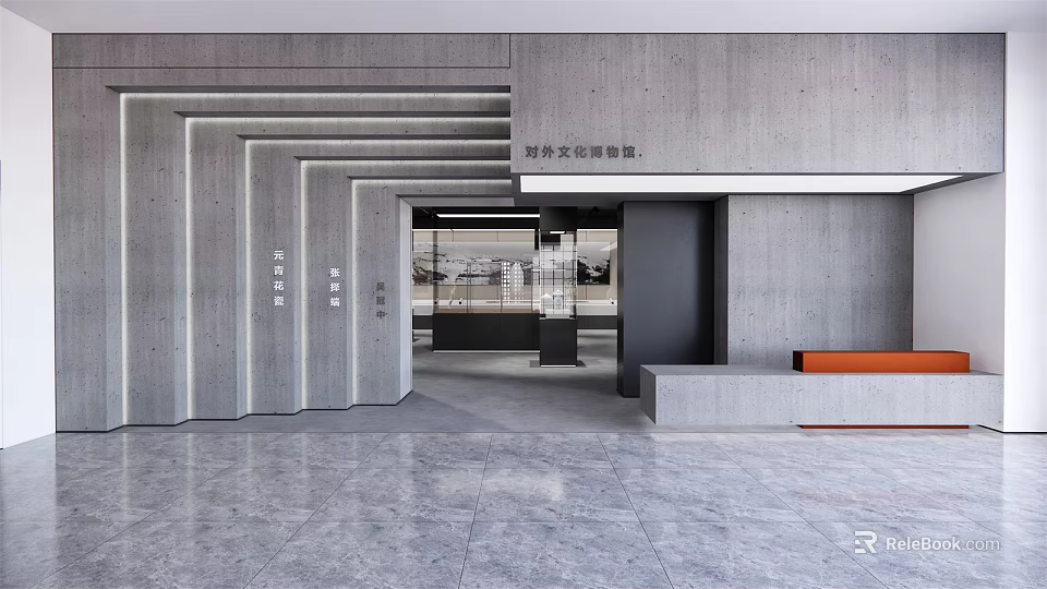 Modern Cultural Center Interior Design With Gray Walls Geometric Structure And Open Space 3d model 