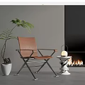 Brown Leather Leisure Chair with Metal Frame Green Plant and Fireplace in Indoor Space