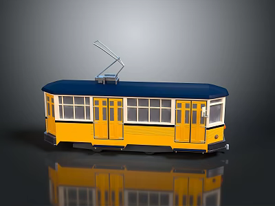 Yellow and Blue Tram Model With Blue Roof Overhead Wire Structure And Windows 3d model