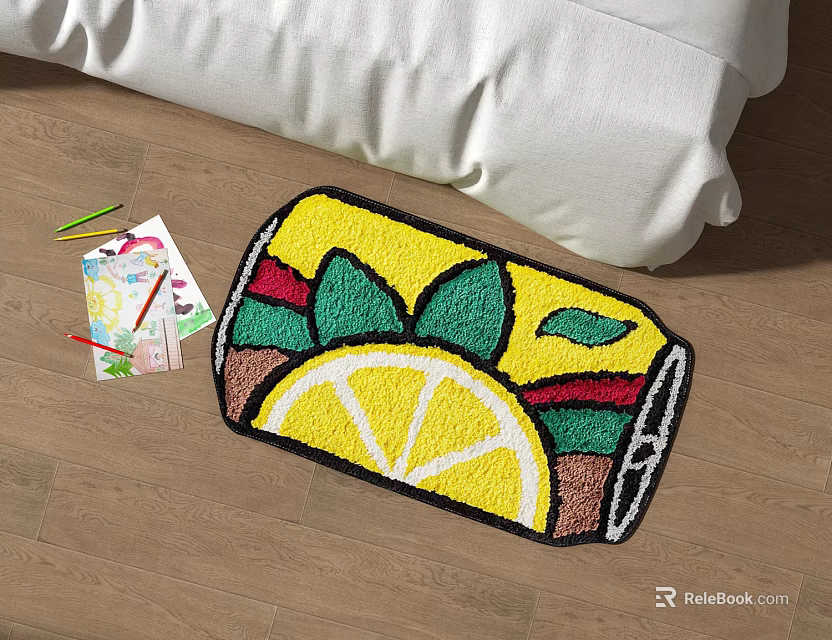 Square Rug Featuring Lemon Slice Leaf Design on Wooden Floor with Colored Pencils near Bed 3d model 
