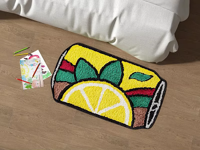 Square Rug Featuring Lemon Slice Leaf Design on Wooden Floor with Colored Pencils near Bed 3d model
