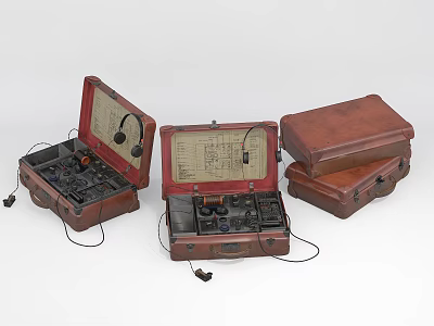 Vintage Communication Devices In Leather Cases With Headphones Open And Closed 3d model