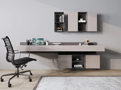 Modern Office Desk Setup With Black Chair Laptop Stationery And Wall Mounted Shelves 3d model