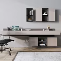 Modern Office Desk Setup With Black Chair Laptop Stationery And Wall Mounted Shelves