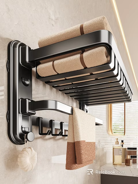 Modern Black Wall Mounted Bathroom Shelf With Towel Storage And Hooks 3d model 