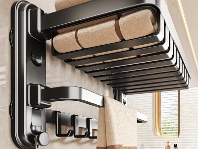 Modern Black Wall Mounted Bathroom Shelf With Towel Storage And Hooks 3d model