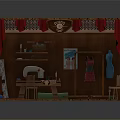 Detailed Handmade Wooden Box Scene With Sewing Machine Table Chair Red Curtains And Decor