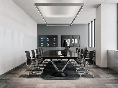 Modern Conference Room Interior With Long Table Black Chairs Large Screens Digital 39 And Presenter 3d model
