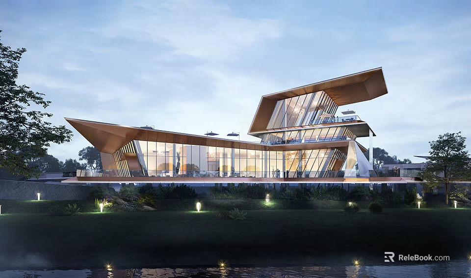 Modern Sales Office Building With Glass Curtain Wall Unique Roof Structure And Exterior Lighting 3d model 