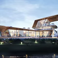 Modern Sales Office Building With Glass Curtain Wall Unique Roof Structure And Exterior Lighting