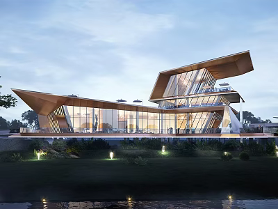 Modern Sales Office Building With Glass Curtain Wall Unique Roof Structure And Exterior Lighting 3d model