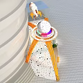 2024 New Species Market Event Entrance With Orange Curved Arch And White Spherical Rocket Decorations