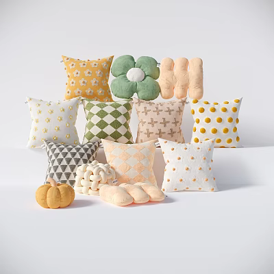 Colorful Decorative Pillows With Flower Shaped Polka Dots Checkerboard Cross Triangle Diamond And Pumpkin Designs 3d model