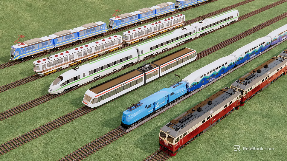 Various Colored Modern High Speed And Classic Trains On Railway Tracks With Green Grass 3d model 