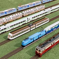 Various Colored Modern High Speed And Classic Trains On Railway Tracks With Green Grass
