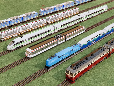 Various Colored Modern High Speed And Classic Trains On Railway Tracks With Green Grass 3d model