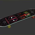 Black Skateboard With Deadpool Graphic Design And Yellow Wheels