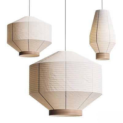 Three Modern Paper Pendant Lights With Geometric Shapes Cream And Striped Design For Interior Decoration 3d model