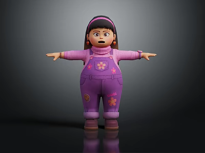 Cartoon Character Girl In Purple Overalls Pink Top With Pink Flowers And Outstretched Arms 3d model