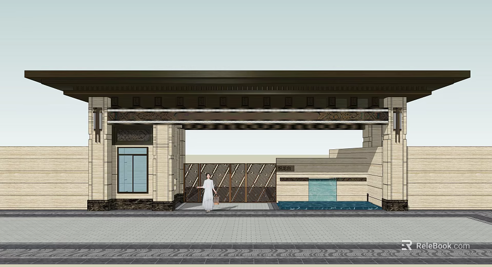 Elegant Entrance Gate With Stone Carved Details Roof Overhang Water Feature And Steps 3d model 