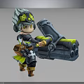 Blue Haired Character With Goggles In Mechanical Outfit Holding Large Weapon And Small Creature Companion