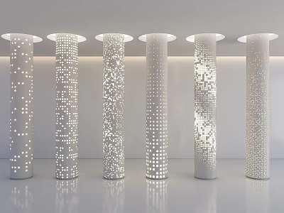 Six White Perforated Floor Lamps With Glowing Design In Reflective Bright Room 3d model