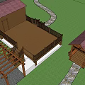 Wooden Pergola Structure With Covered Walkway Near Soccer Field And Building