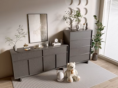Gray Entryway Cabinet And Sideboard With Mirror Plants Teddy Bear Decor On Indoor Rug 3d model