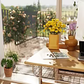 Cozy Indoor Wooden Desk And Chair Set With Laptop Vase Green Plants And Garden View