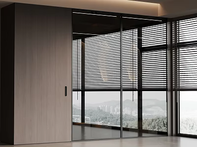 Modern Wooden Wardrobe With Glass Doors In Room With Window Blinds And Mountain View 3d model