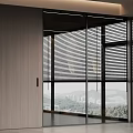 Modern Wooden Wardrobe With Glass Doors In Room With Window Blinds And Mountain View
