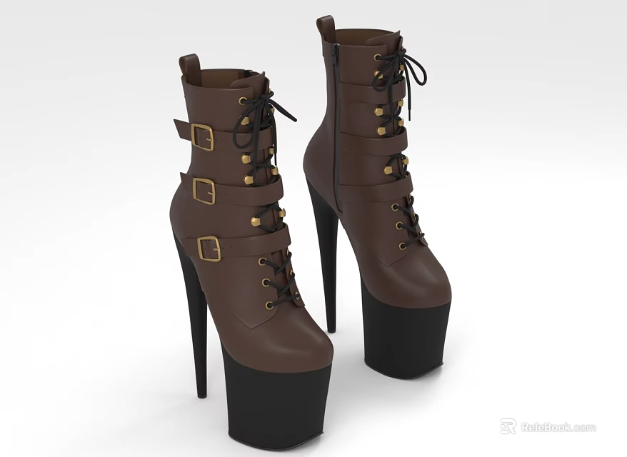 Brown High Heel Platform Boots With Lace Up Design And Metal Buckles 3d model 