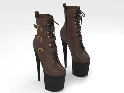 Brown High Heel Platform Boots With Lace Up Design And Metal Buckles 3d model